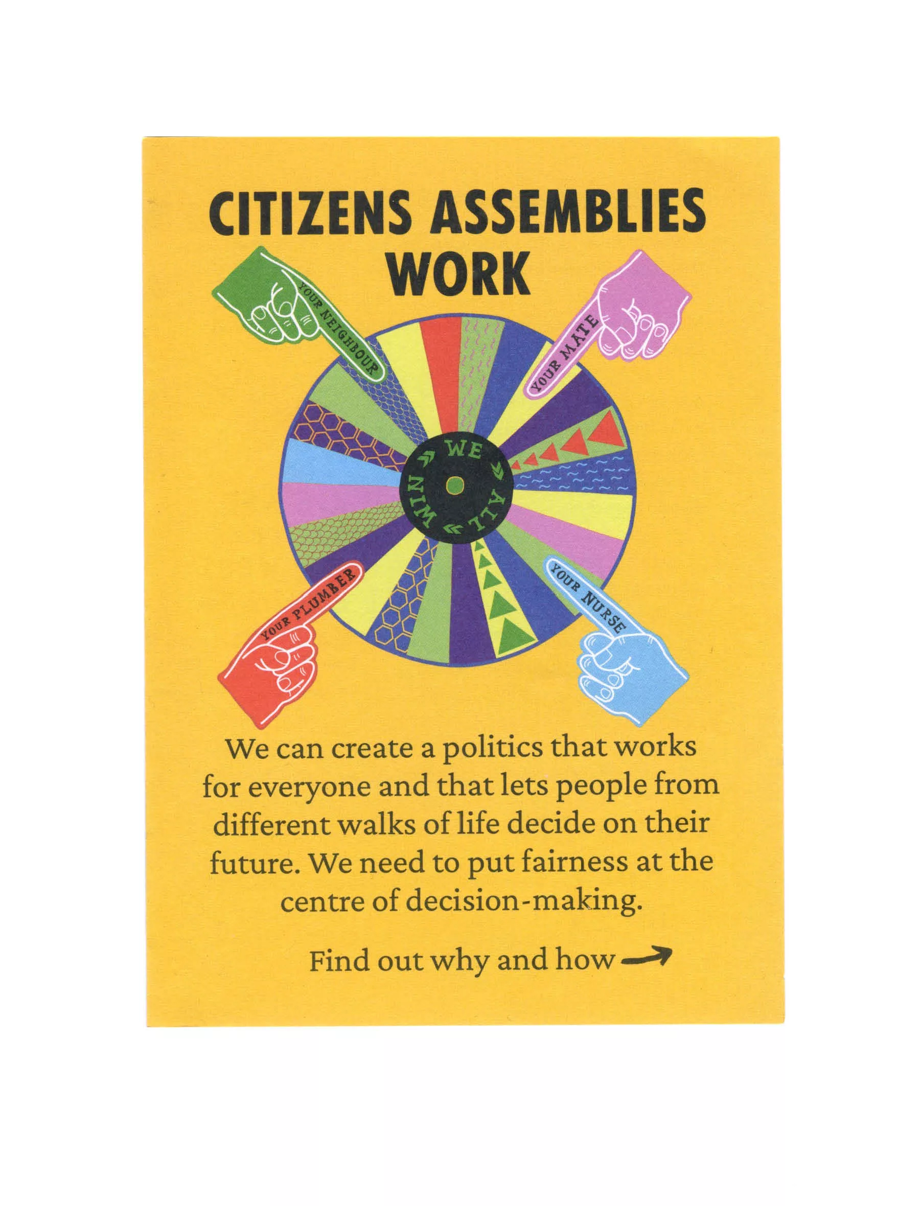 A colorful poster promoting the effectiveness of citizens assemblies, emphasizing inclusivity and fairness in decision-making processes, inviting people to discover more about their function and benefits.