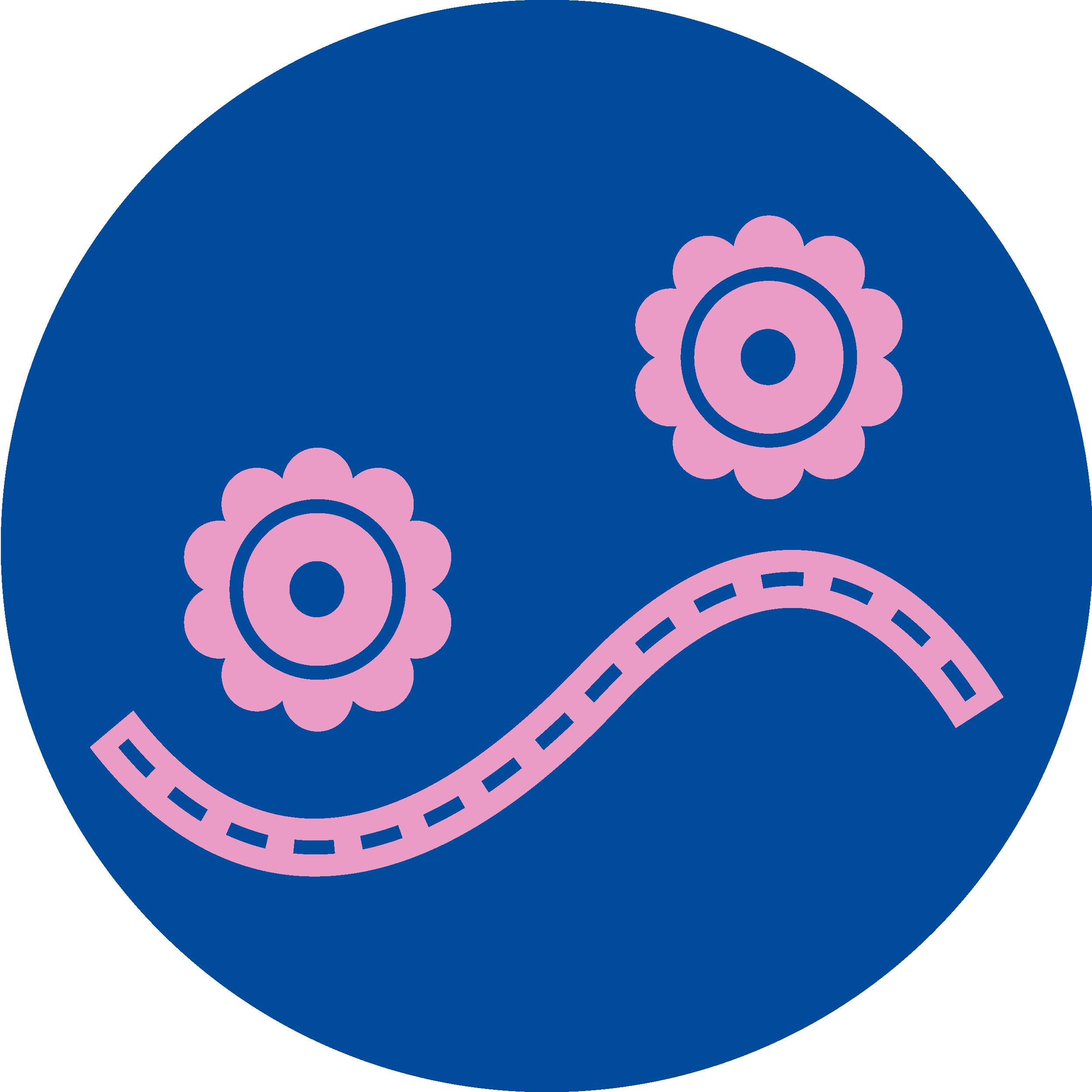 Abstract depiction of two pink flowers and a dotted line simulating a stem or path on a blue circular background.
