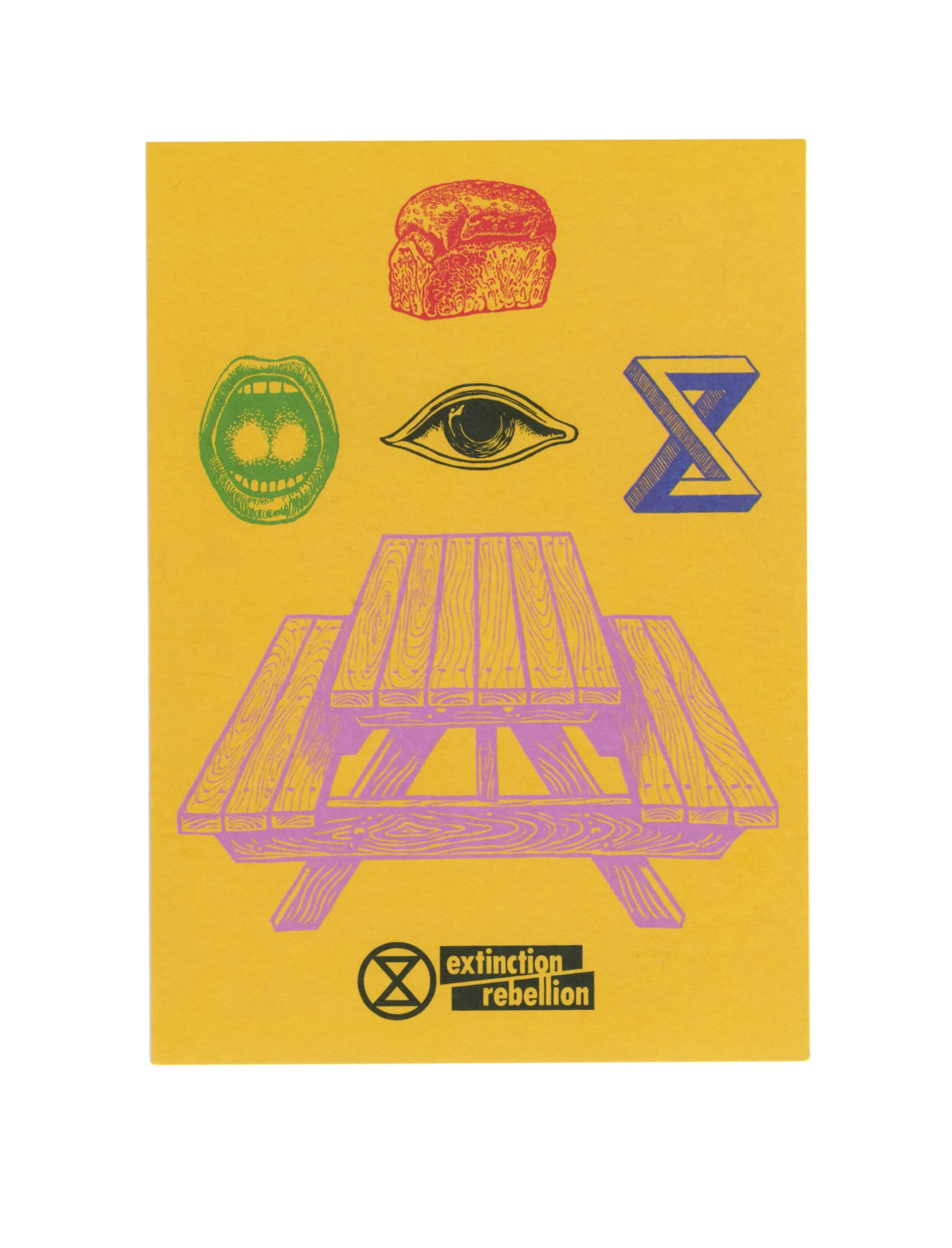 A vibrant graphic poster with a central illustration of a purple wooden picnic table on a yellow background, flanked by symbols – a red fist, a green hourglass inside a circle, a blue 'x', and an eye – representing various aspects of activism, with the "extinction rebellion" logo at the bottom.