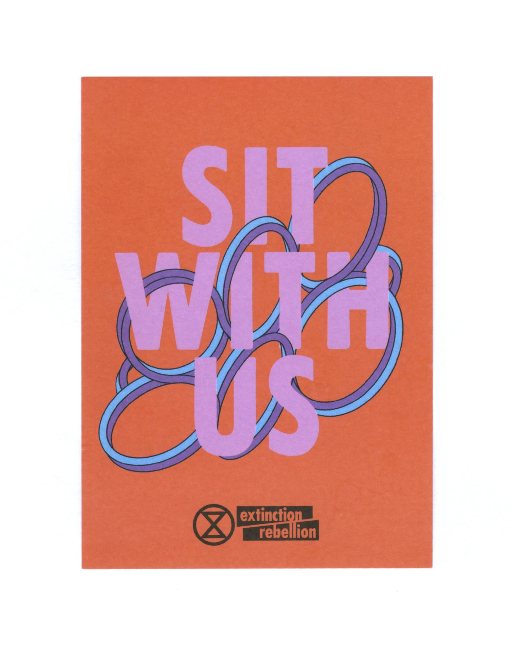 A promotional poster with a bold, graphic design featuring the phrase "sit with us" in large, stylized purple lettering overlaid on a tangled line illustration, with the extinction rebellion logo at the bottom, suggesting an invitation for a peaceful protest or gathering related to environmental activism.