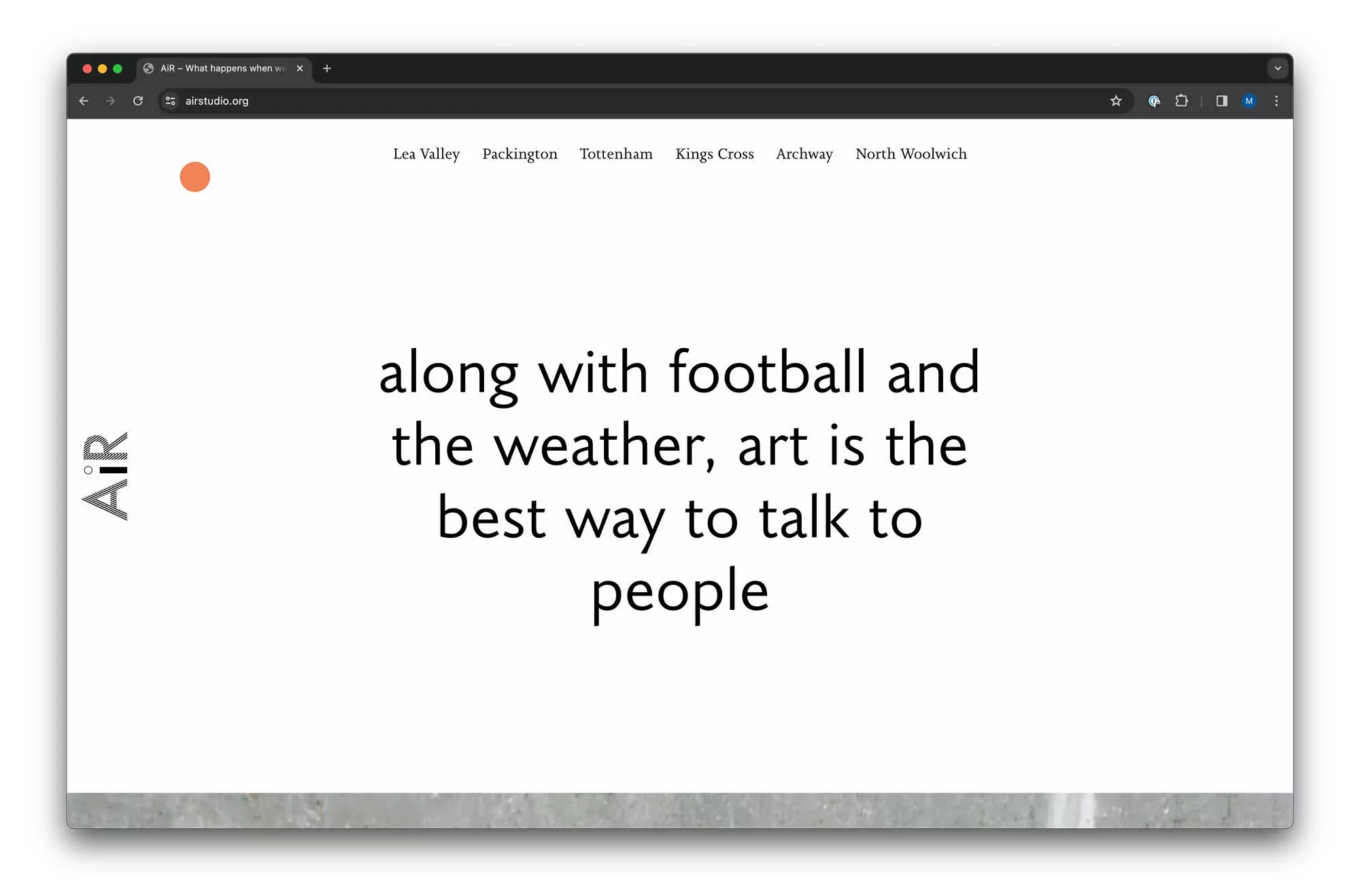 A clean, minimalist web page displaying a thought-provoking message: "along with football and the weather, art is the best way to talk to people".