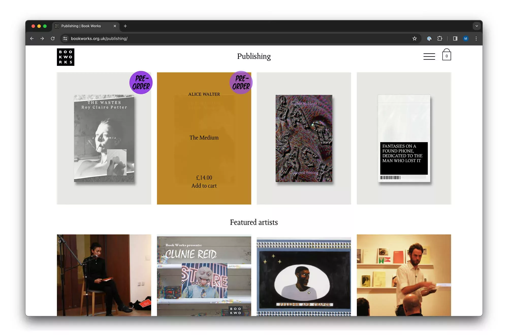 A screenshot displaying a webpage featuring a collection of artistic works and publications, with images of book covers, an animated graphic, and a photo of a person giving a speech, suggesting a creative or literary theme.