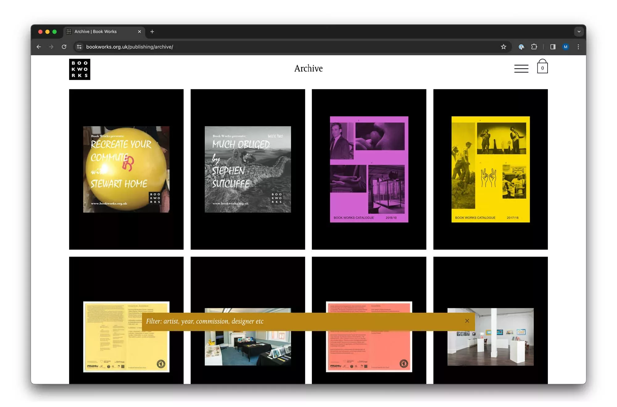 A screenshot of a computer web browser displaying an "archive" page from a website, showcasing a grid of various graphic design works or book covers.