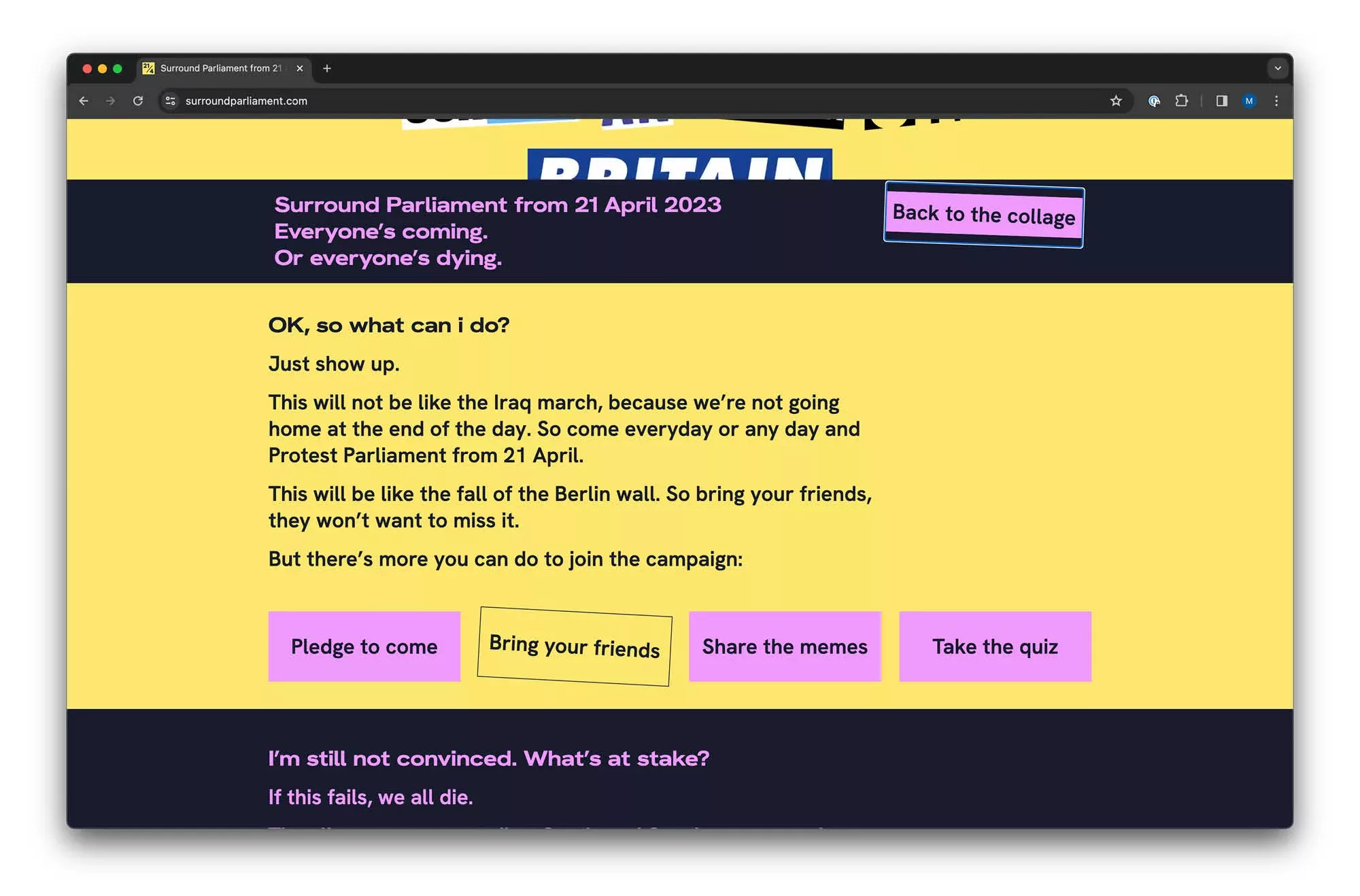 The image displays a computer screen with a web page open, showing a message that urges action regarding an event set for 21 april 2023, emphasizing the importance of participation and hinting at a significant outcome or change akin to the fall of the berlin wall. there are buttons prompting users to pledge attendance, bring friends, share memes, and take a quiz, suggesting an interactive campaign.