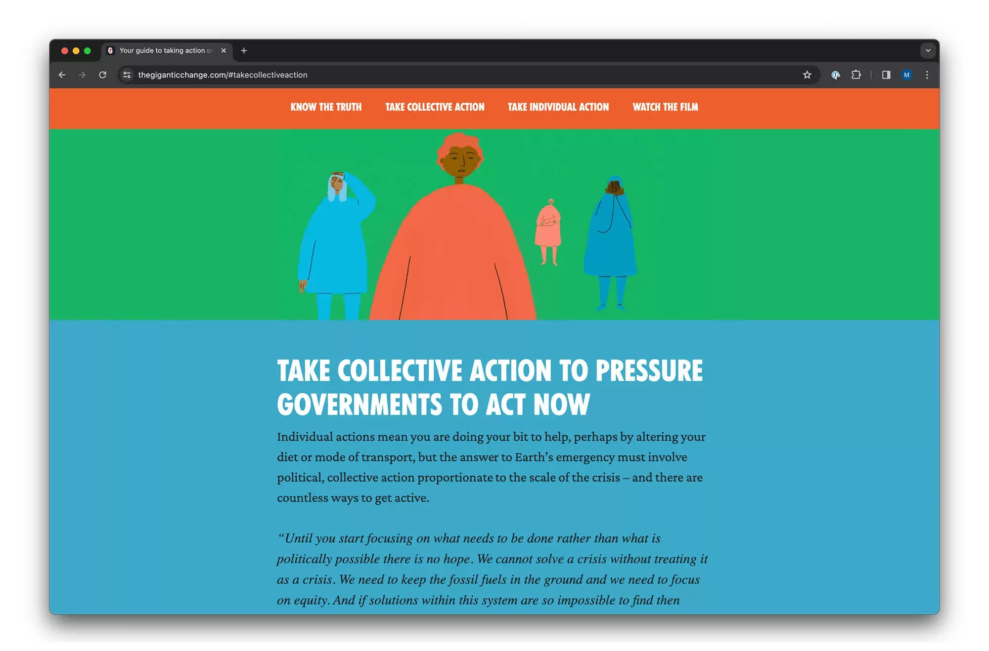 A colorful illustration showing diverse individuals in a line on a green background with an orange call-to-action banner that reads: "take collective action to pressure governments to act now.