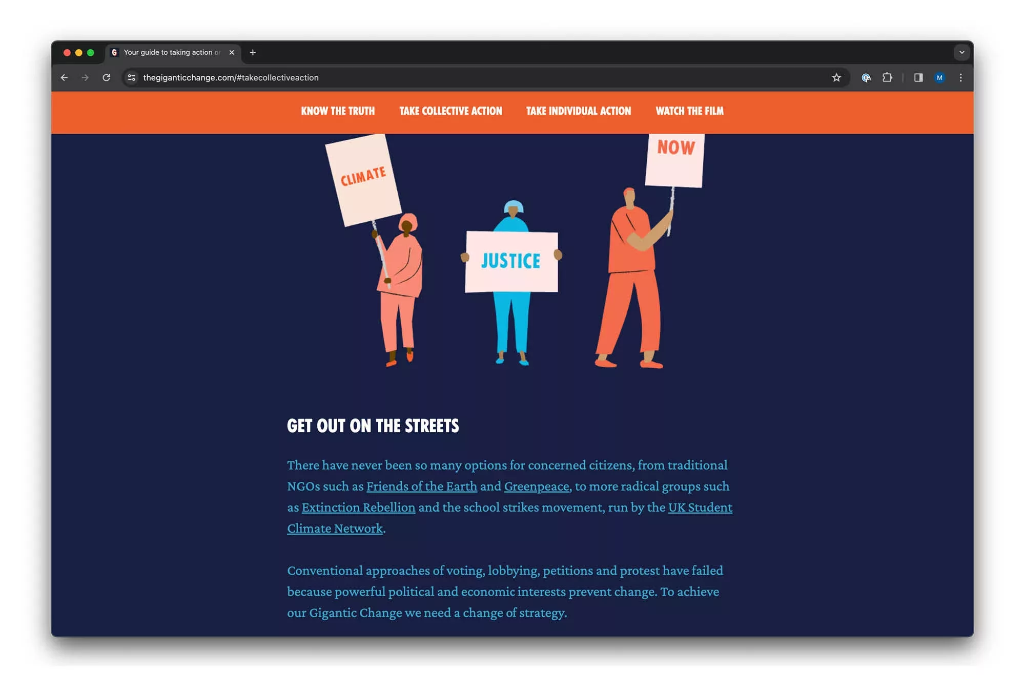 A web page advocating for collective action on climate change, featuring an illustration of three individuals of varying ages and backgrounds holding protest signs with messages about justice and climate action.