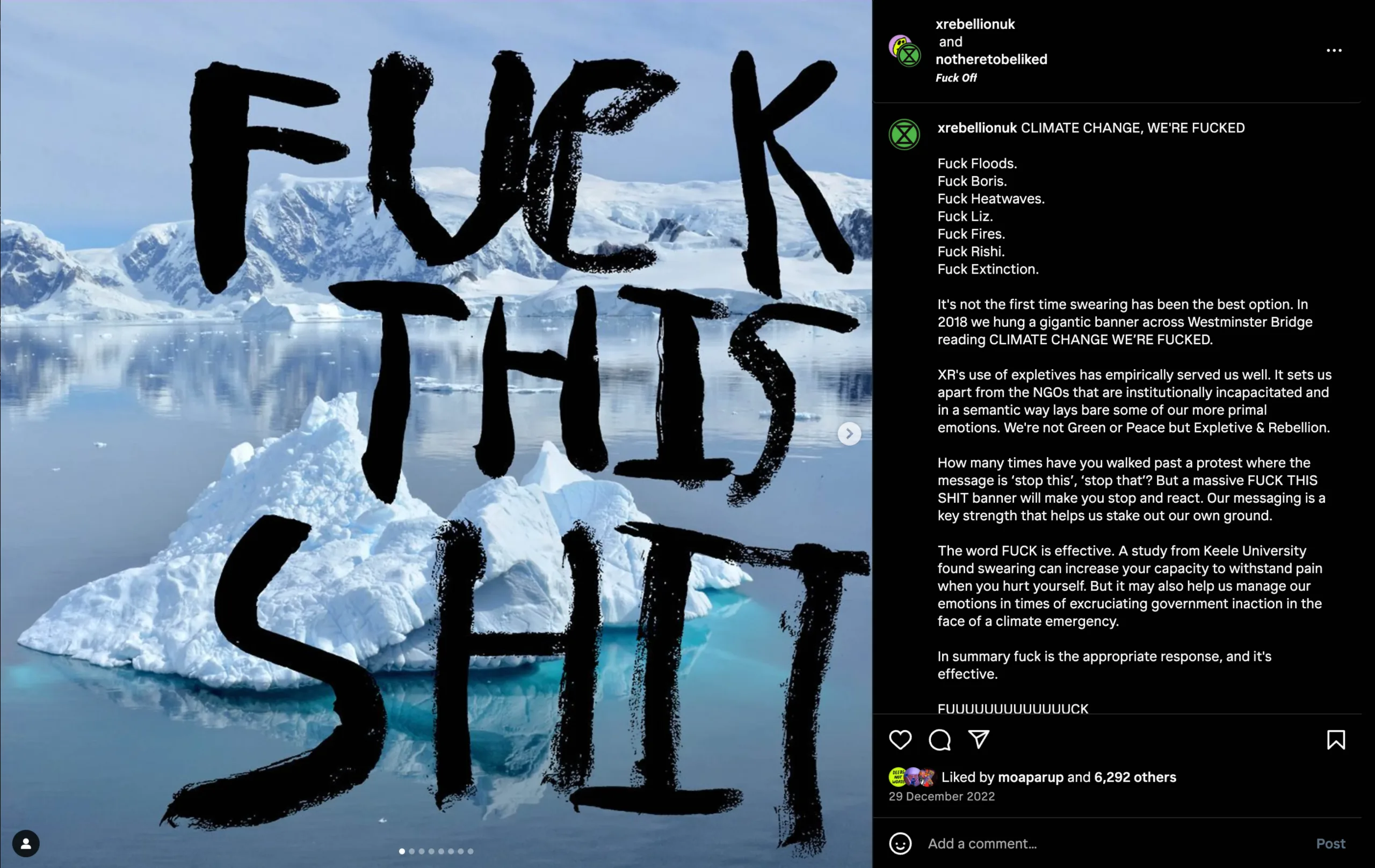 The image shows a serene snowy landscape with icy waters and glaciers in the background. overlaid on this tranquil scene is bold, disruptive text that reads "fuck this shit" in large, graffiti-style letters, suggesting a stark contrast between the peaceful environment and the rebellious or frustrated sentiment expressed by the text.