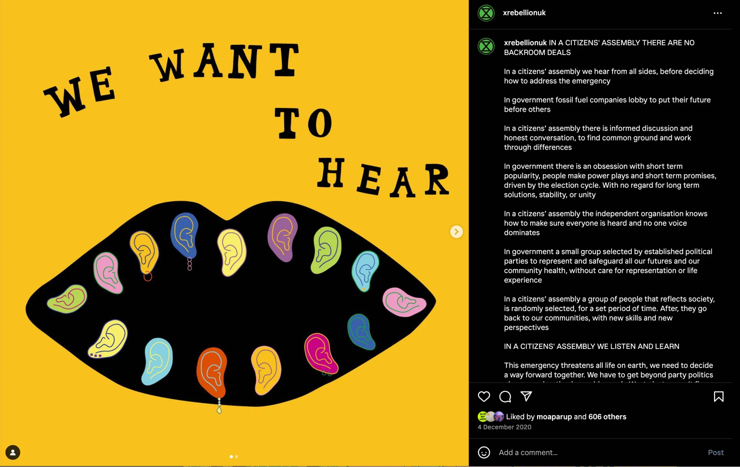 A graphic design featuring bold yellow text that states "we want them to hear" on a stark black background, with a series of colorful ear graphics, suggesting a call for attentiveness or listening, possibly in a political or social context.