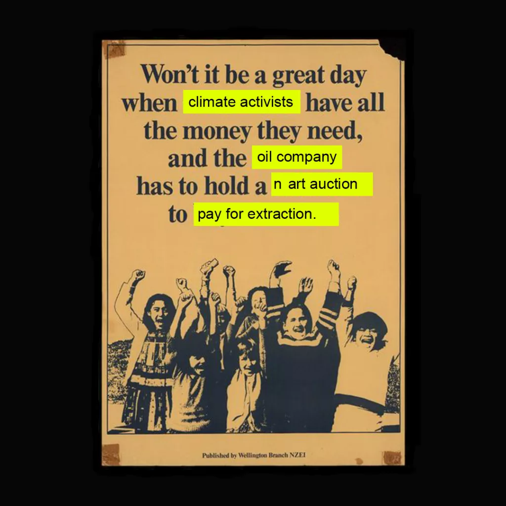 An inspirational poster envisioning societal change, featuring a silhouette of people raising their hands in solidarity, juxtaposed with the bold wish for a day when climate activists will have the authority to influence oil extraction practices.