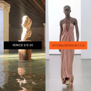 Contrasting elegance: timeless sculpture meets modern fashion - venice s/s 20 and victoria beckham s/s 21.