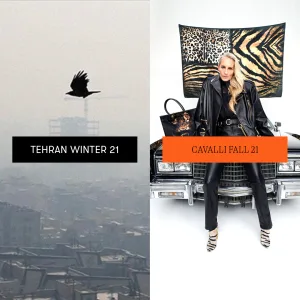 Contrasting seasons of style: "tehran winter '21 meets cavalli fall '21 – urban cool meets animal print chic.