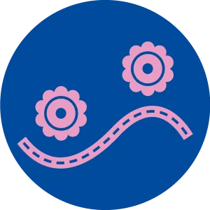 Abstract depiction of two pink flowers and a dotted line simulating a stem or path on a blue circular background.
