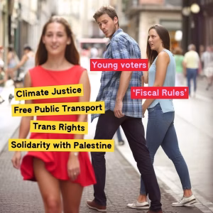 A distracted young man looking back at a list of progressive political issues while walking with a label indicating conservative fiscal rules.