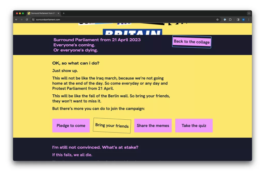 The image displays a computer screen with a web page open, showing a message that urges action regarding an event set for 21 april 2023, emphasizing the importance of participation and hinting at a significant outcome or change akin to the fall of the berlin wall. there are buttons prompting users to pledge attendance, bring friends, share memes, and take a quiz, suggesting an interactive campaign.