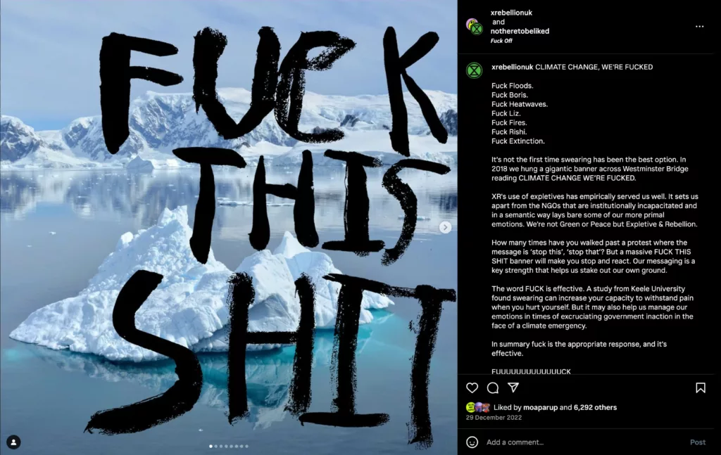 The image shows a serene snowy landscape with icy waters and glaciers in the background. overlaid on this tranquil scene is bold, disruptive text that reads "fuck this shit" in large, graffiti-style letters, suggesting a stark contrast between the peaceful environment and the rebellious or frustrated sentiment expressed by the text.