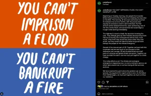 The image depicts a bold and inspirational message in white text on a vibrant orange and blue background. the message reads "you can't ban creativity, you can't cancel music, you can't erase us" embodying a powerful statement about the resilience and enduring nature of creativity, music, and cultural expression.