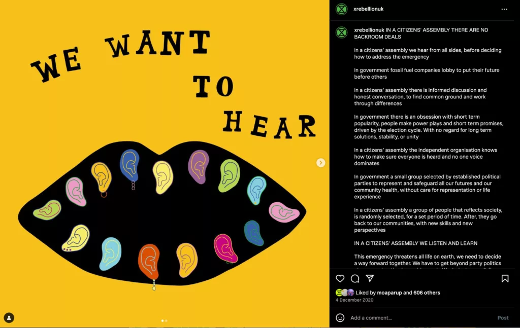 A graphic design featuring bold yellow text that states "we want them to hear" on a stark black background, with a series of colorful ear graphics, suggesting a call for attentiveness or listening, possibly in a political or social context.